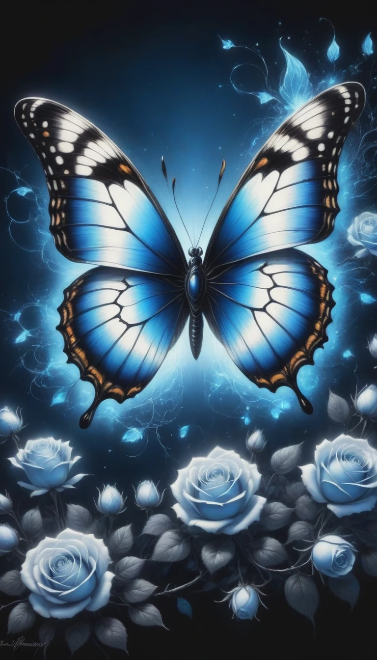 (best quality,4K,high resolution:1.2),Super detailed,Practical,black and white,traditional media,Pencil Sketch:1.2,Chaotic lines,[[[Artist Moussa]]],On a dark background,Blue electric charges forming butterfly，Stylized silhouettes of orbs and roses,Bioluminescence