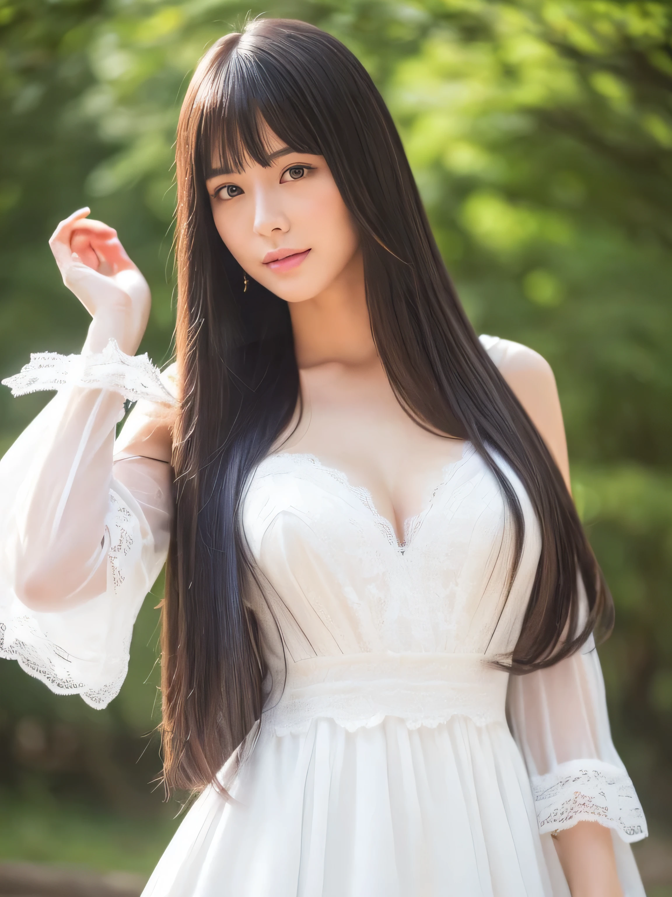 ((Full Shot:1.3)) (big 1.4) ((highest quality)), ((masterpiece)), (Get used to it), Perfect Face (1 girl) (Japanese) (She is 24 years old、The most beautiful fantasy girls in Japan) ((highest quality)), ((masterpiece)) ((Her incredibly straight, waist-length, high quality hair is very shiny and glossy and has a lot of volume and shine. Her hair is a deep black.)) (Her bangs are beautiful and lush:1.3) (She has perfect beautiful makeup Lipstick is light red Ilaner is a beautiful black) Anatomically correct hand Thin fingers Anatomically correct five fingers Beautiful Japanese girl face, (Long Hair shiny Long Hair, length, Shiny Thick black hair, length, Her hair is long and straight, Super Long Hair girl, Silky Hair, Silky Hair, length, Flat Hair, Silky texture, Long Hair, length, Flowing, Thick black hair, thin and shiny hair) Anatomically correct、White beautiful human skin and detail of hands and fingers Beautiful Eyes Mouth Details the corners of the mouth rise slightly Cool look (The eyebrows are dark brown in color) (She is wearing a fantasy pure white lace gown dress and healing spellcaster gear...:1.5 She is wearing a gorgeous white Victorian dress:1.I'wear 5..) (This is a forest in a fantasy world.:1.5) (She has a healing wand、Posing as if casting a healing spell:2.2) (Open your mouth:1.3) (She turns to the viewer and smiles sweetly..)