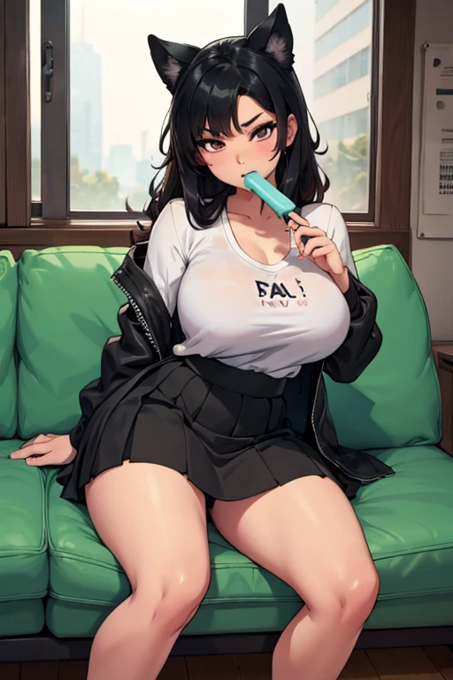 a hot asian girl with big  wearing a black tiny skirt eating a popsicle