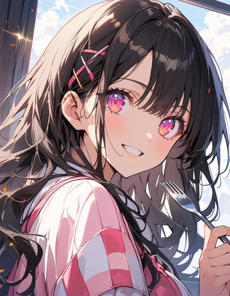 (1 girl)、(Eating spaghetti Napolitana skillfully using a fork)、(Extremely detailed Neapolitan)、Inside the cafe at noon、Smiling、(highest quality、masterpiece、High resolution、detailed)、animeスタイル、Flat Style、(iridescent eyes,Beautiful Face),extremely detailed、floating, (High saturation), Sunshine from the window, (Shine), Focus on the face, Dynamic Angle、anime