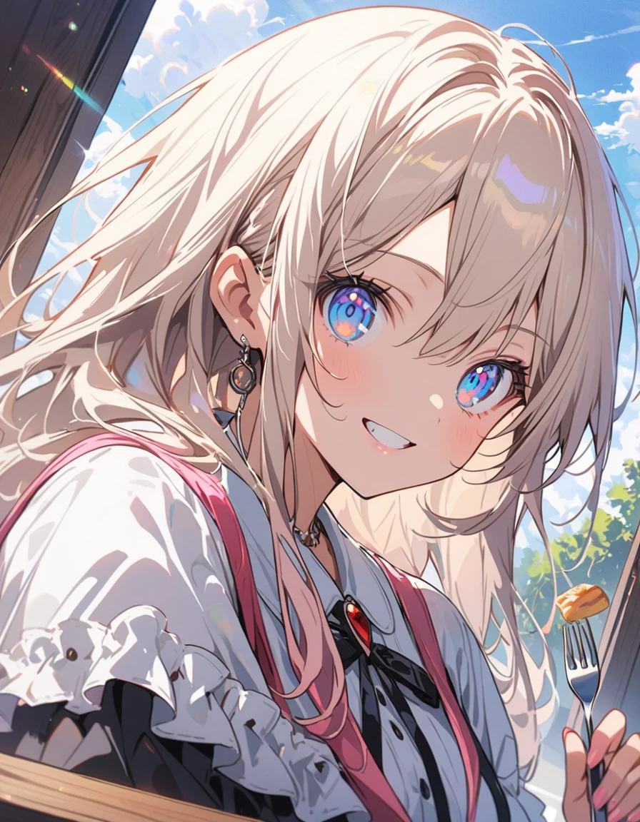 (1 girl)、(Eating spaghetti Napolitana skillfully using a fork)、(Extremely detailed Neapolitan)、Inside the cafe at noon、Smiling、(highest quality、masterpiece、High resolution、detailed)、animeスタイル、Flat Style、(iridescent eyes,Beautiful Face),extremely detailed、floating, (High saturation), Sunshine from the window, (Shine), Focus on the face, Dynamic Angle、anime