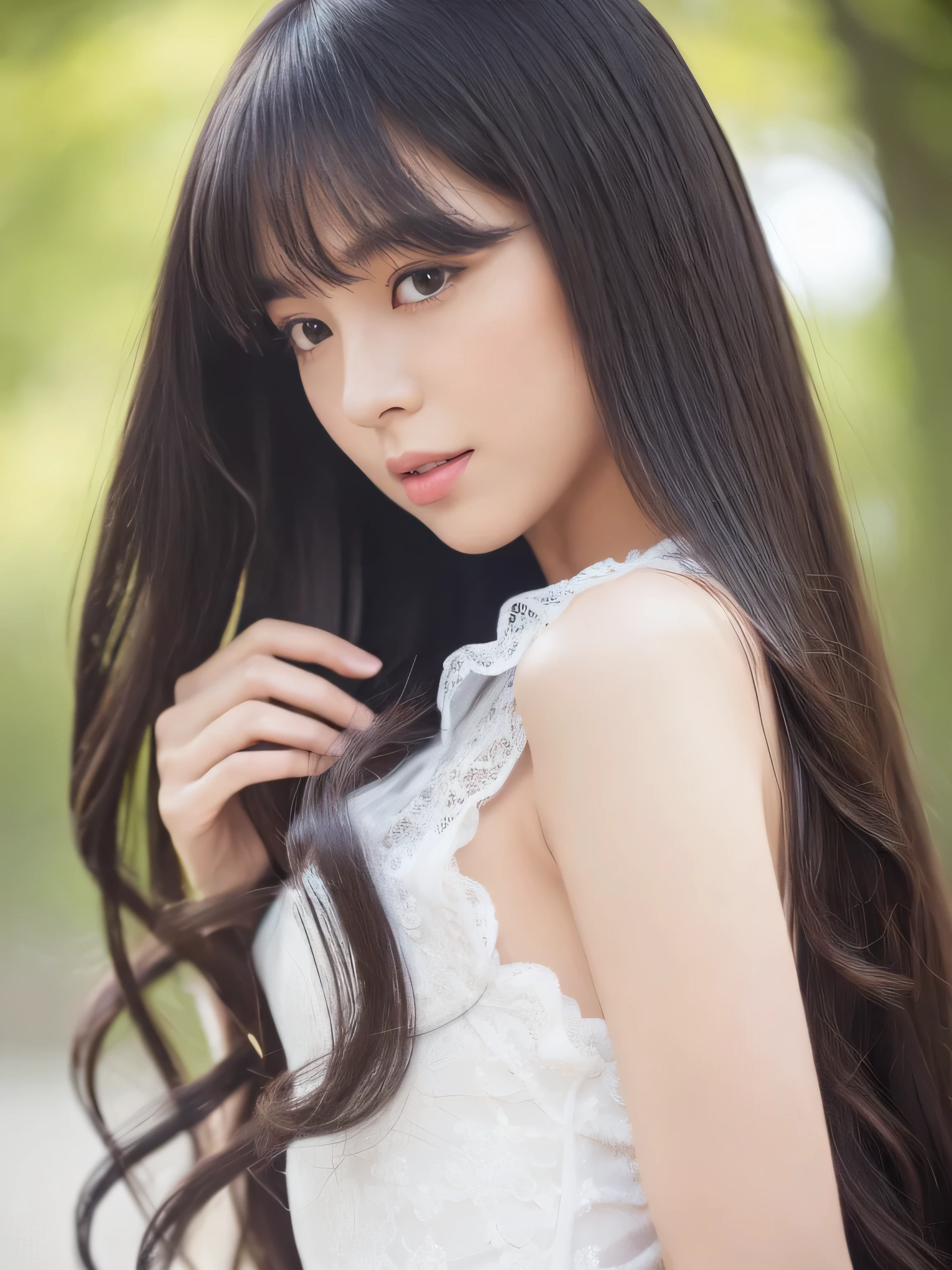 ((Full Shot:1.3)) (big 1.4) ((highest quality)), ((masterpiece)), (Get used to it), Perfect Face (1 girl) (Japanese) (She is 24 years old、The most beautiful fantasy girls in Japan) ((highest quality)), ((masterpiece)) ((Her incredibly straight, waist-length, high quality hair is very shiny and glossy and has a lot of volume and shine. Her hair is a deep black.)) (Her bangs are beautiful and lush:1.3) (She has perfect beautiful makeup Lipstick is light red Ilaner is a beautiful black) Anatomically correct hand Thin fingers Anatomically correct five fingers Beautiful Japanese girl face, (Long Hair shiny Long Hair, length, Shiny Thick black hair, length, Her hair is long and straight, Super Long Hair girl, Silky Hair, Silky Hair, length, Flat Hair, Silky texture, Long Hair, length, Flowing, Thick black hair, thin and shiny hair) Anatomically correct、White beautiful human skin and detail of hands and fingers Beautiful Eyes Mouth Details the corners of the mouth rise slightly Cool look (The eyebrows are dark brown in color) (She is wearing a fantasy pure white lace gown dress and healing spellcaster gear...:1.5 She is wearing a gorgeous white Victorian dress:1.I'wear 5..) (This is a forest in a fantasy world.:1.5) (She has a healing wand、Posing as if casting a healing spell:2.2) (Open your mouth:1.3) (She turns to the viewer and smiles sweetly..)