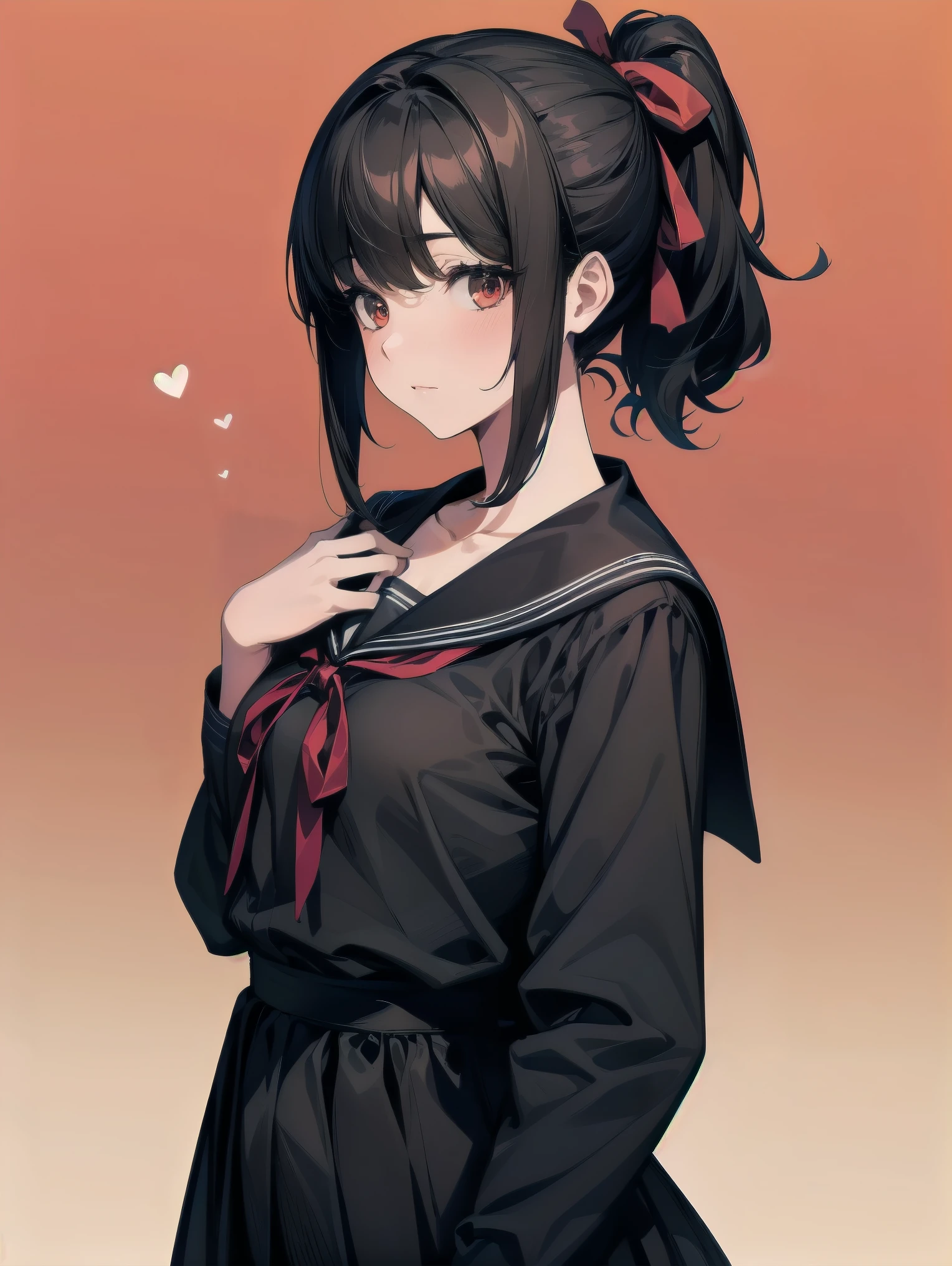 Masterpiece, top quality, super detailed, 16k, One girl, spring, high school, warm colors, school bag, accurate and highly detailed background, flock of schoolgirls in uniforms of various body shapes and hairstyles, cute. Blake. , red eyes, black hair, ribbon, red ribbon, hair ribbon, parted bangs, folded ponytail, , shuuchiin academy , dress, sidelocks, breasts, black dress, collarbone, short hair, long sleeves