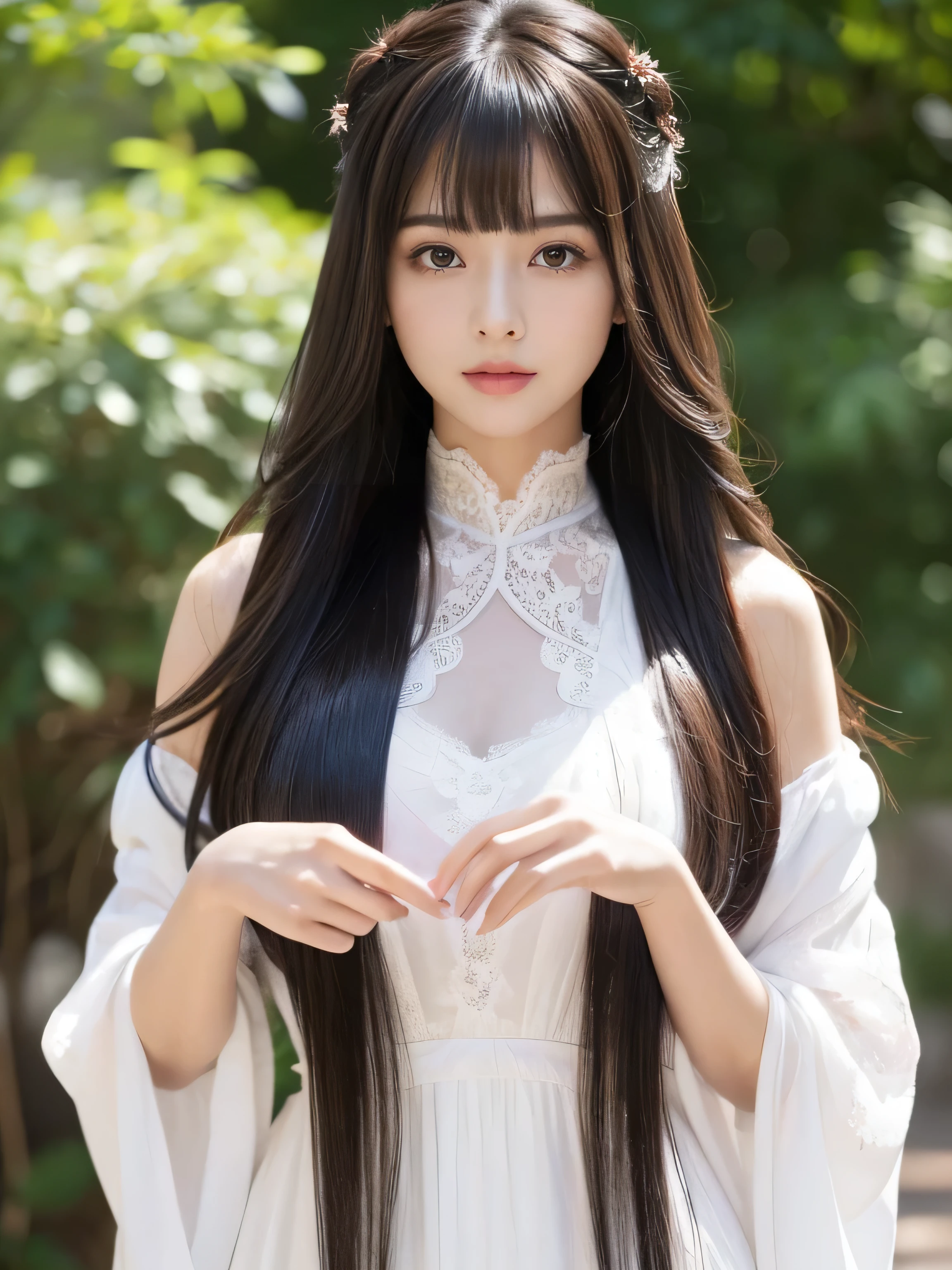((Full Shot:1.3)) (big 1.4) ((highest quality)), ((masterpiece)), (Get used to it), Perfect Face (1 girl) (Japanese) (She is 24 years old、The most beautiful fantasy girls in Japan) ((highest quality)), ((masterpiece)) ((Her incredibly straight, waist-length, high quality hair is very shiny and glossy and has a lot of volume and shine. Her hair is a deep black.)) (Her bangs are beautiful and lush:1.3) (She has perfect beautiful makeup Lipstick is light red Ilaner is a beautiful black) Anatomically correct hand Thin fingers Anatomically correct five fingers Beautiful Japanese girl face, (Long Hair shiny Long Hair, length, Shiny Thick black hair, length, Her hair is long and straight, Super Long Hair girl, Silky Hair, Silky Hair, length, Flat Hair, Silky texture, Long Hair, length, Flowing, Thick black hair, thin and shiny hair) Anatomically correct、White beautiful human skin and detail of hands and fingers Beautiful Eyes Mouth Details the corners of the mouth rise slightly Cool look (The eyebrows are dark brown in color) (She is wearing a fantasy pure white lace gown dress and healing spellcaster gear...:1.5 She is wearing a gorgeous white Victorian dress:1.I'wear 5..) (This is a forest in a fantasy world.:1.5) (She has a healing wand、Posing as if casting a healing spell:2.2) (Open your mouth:1.3) (She turns to the viewer and smiles sweetly..)