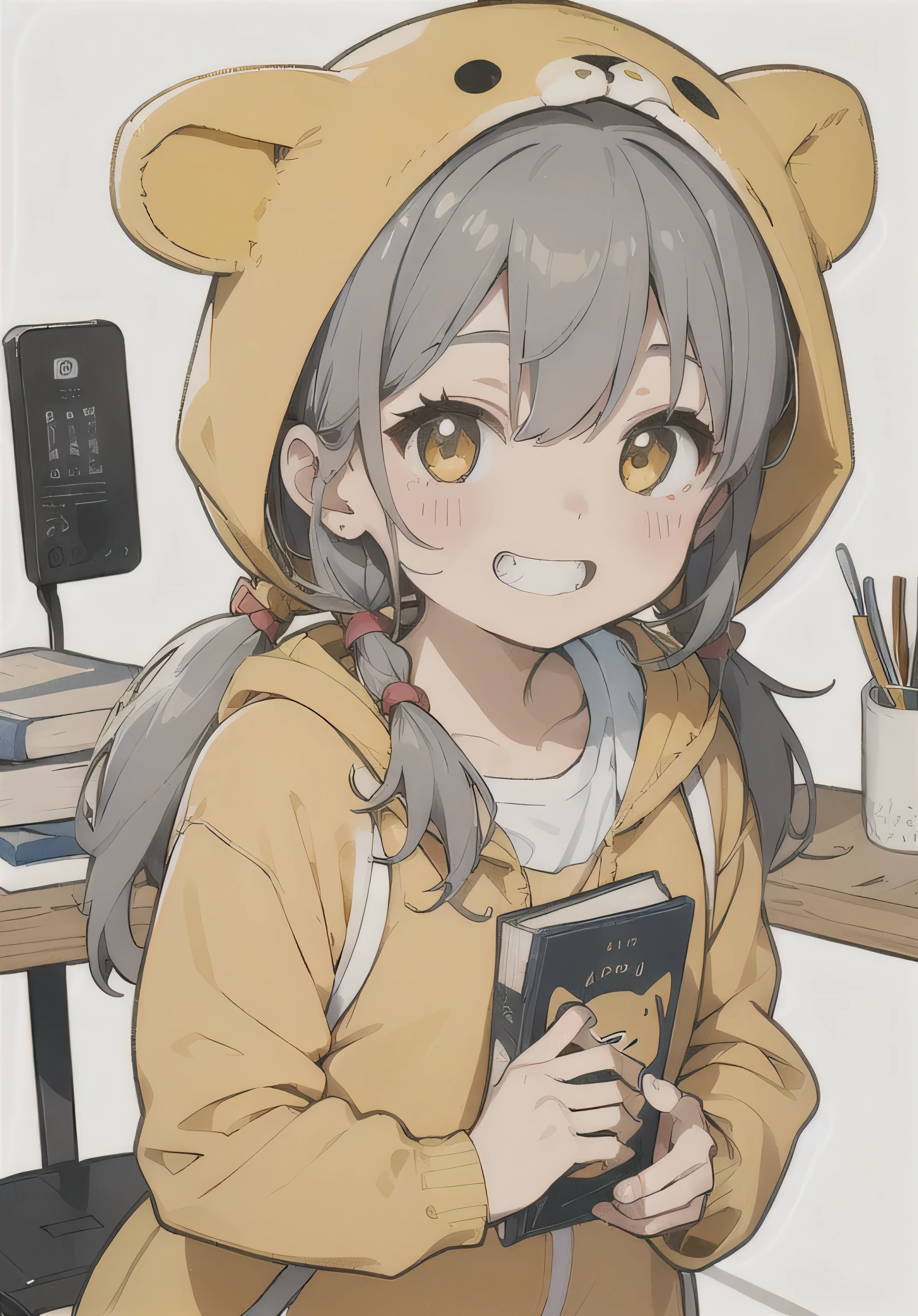 //
[(White Background:1.5)::5],
//
(alone:1.2),One girl,,smile,Open your mouth,close your eyes,Gray Hair,Low twin tails, Bear ears, whole body, Are standing,(Yellow animal costume:1.2), Wearing a hood, at home,growinelves, Cat, Book, cup, clock,