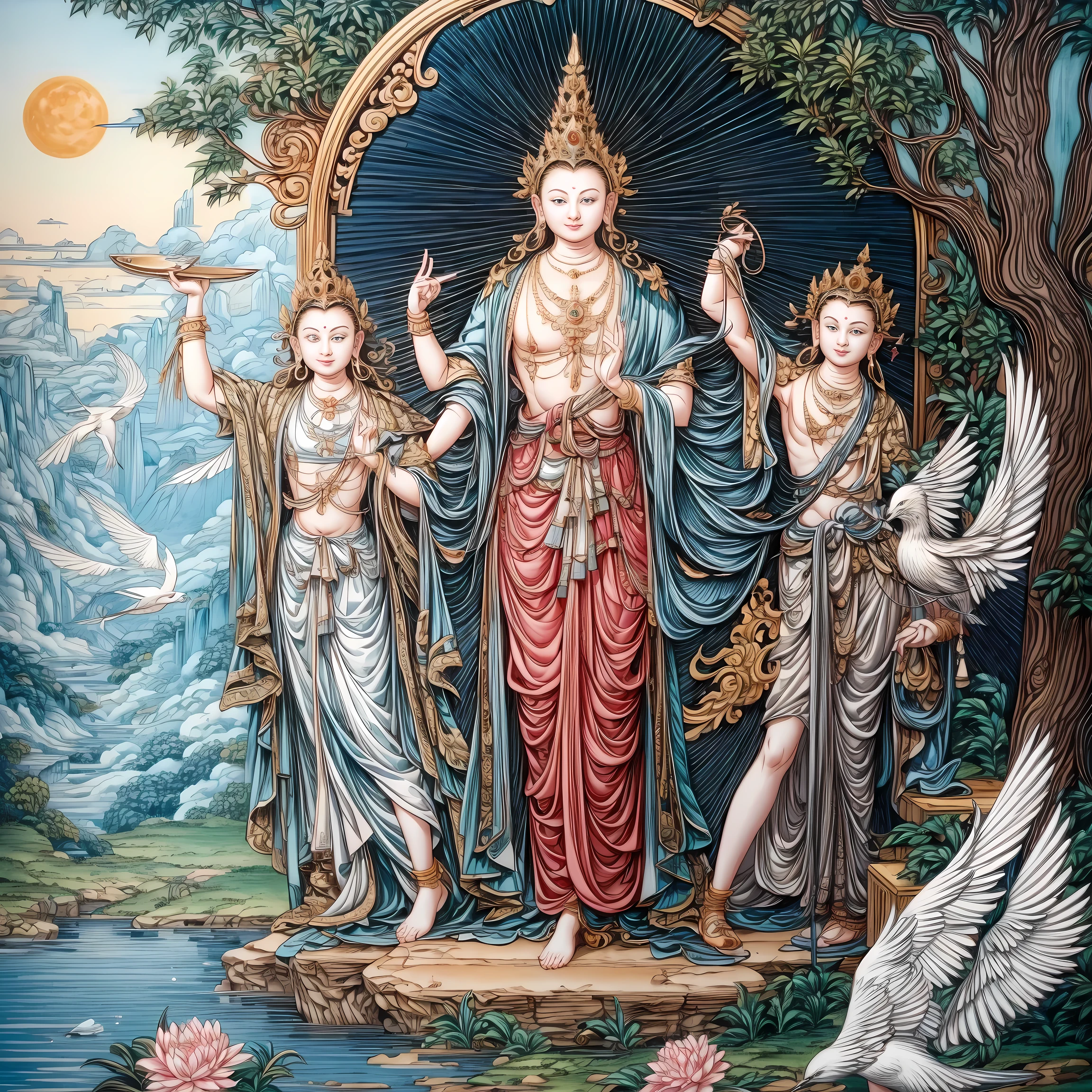 ((best quality)), ((masterpiece)), (detailed) , ((tangka,1boy)),water,mountain,jewelry, necklace, bracelet, shawl, dress,earrings, leaf, moon, plant, cloud, flower, white flower, extra arms, statue, fine art parody, crown, tree,bird, lotus, fruit, food,indian style,long sleeves, pink flower,
