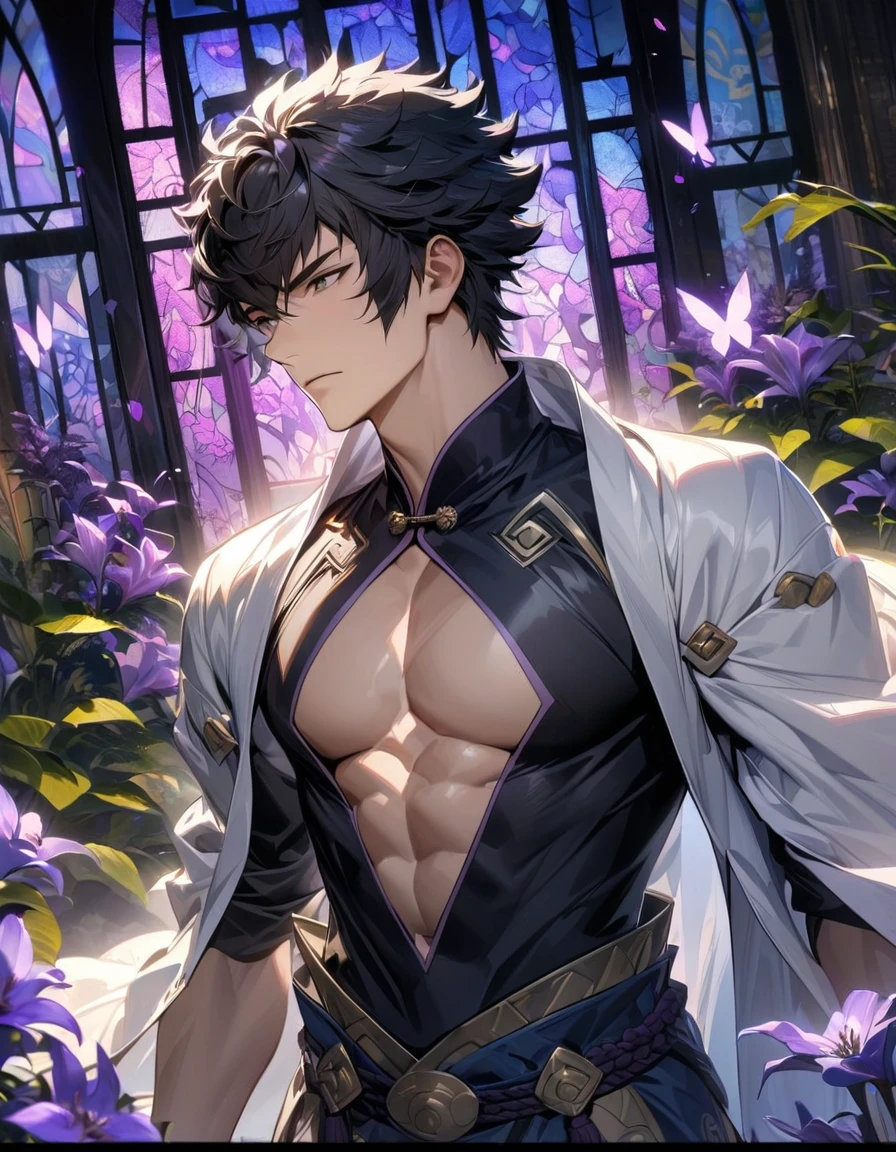 absurdres, highres, ultra detailed, HDR, master piece, best quality, Lon'qu, black hair, expressive grey eyes, Fire Emblem Awakening, solo, sexy man, handsome, white coat, black tight shirt, toned chest, glass stained window, purple shining butterflies, purple lilies, purple petals, garden