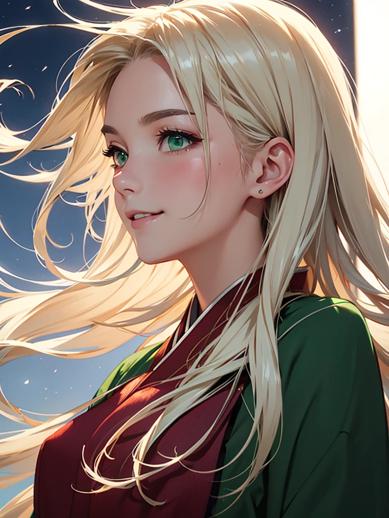 highest quality、Realistic、Women、Japanese、zoom、look up、cute、smile、night、green eyes、Platinum Blonde Hair、long hair、Blowing in the Wind、profile、Red Dress、Face close-up、slender、Small breasts