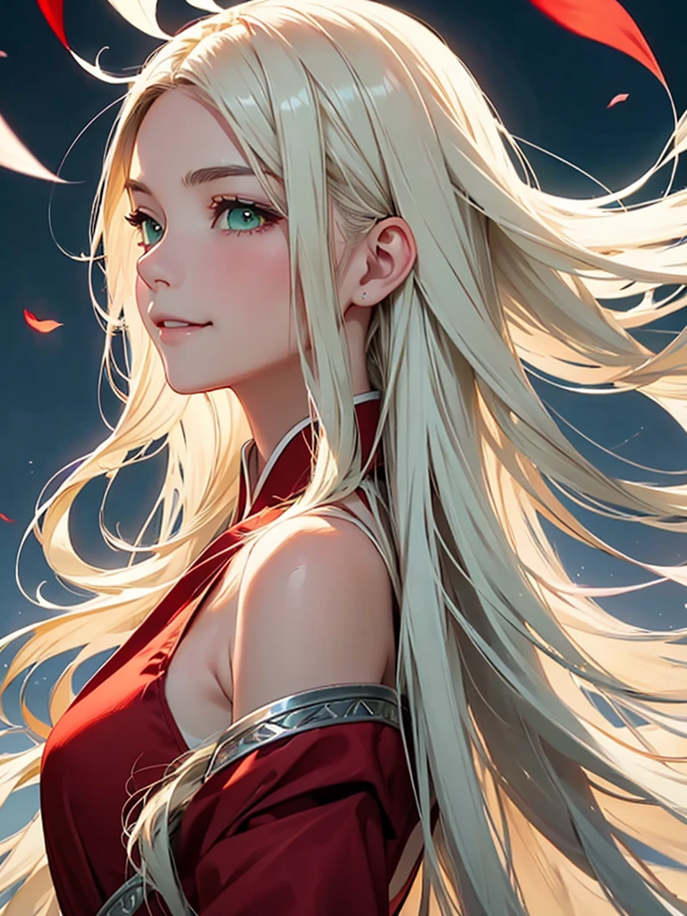 highest quality、Realistic、Women、Japanese、zoom、look up、cute、smile、night、green eyes、Platinum Blonde Hair、long hair、Blowing in the Wind、profile、Red  Dress、Face close-up、slender、Small breasts