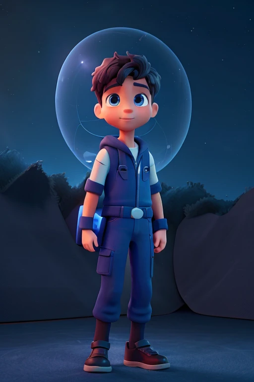 Alex, um jovem viajante, in your spaceship flying in the sky of cyberspace virtual world (a little dark blue with a net looking like the sky) - in the style of a Disney Pixar film and the camera view from outside the ship needs to be the entire ship with Alex inside - more cartoons and animation