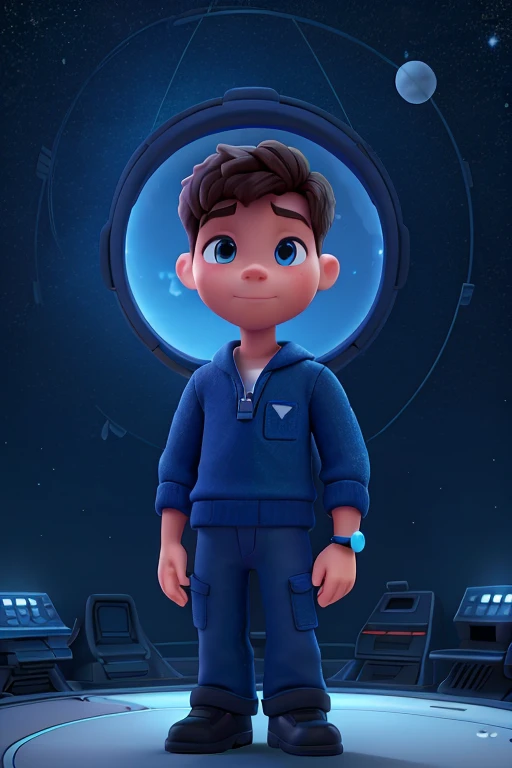 Alex, um jovem viajante, in your spaceship flying in the sky of cyberspace virtual world (a little dark blue with a net looking like the sky) - in the style of a Disney Pixar film and the camera view from outside the ship needs to be the entire ship with Alex inside - more cartoons and animation