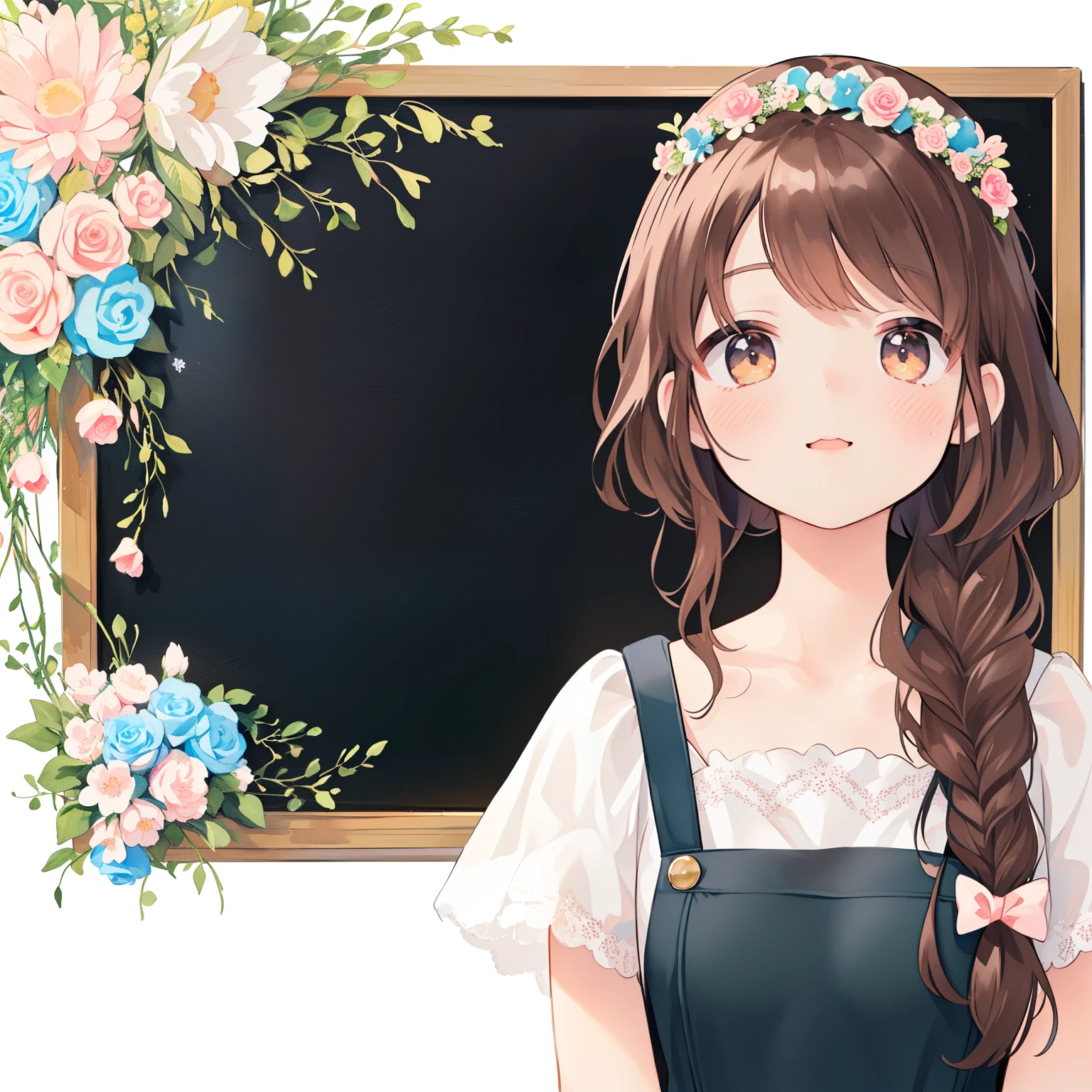 anime girl with long hair and flower crown in front of a chalkboard, Blackboard bold happiness、embarrassed、Pastel Watercolor、fullbody,1girl:1.3、Photo of brown-eyed woman with cute smile、Full body Esbian:1.3、((Braid:2))、、spring wreath background、jump、floating、From the side、white background、Close-up、look around、laughter、((Have a big bouquet:1.2))、incline one's head to the side:1.3、Pastel watercolor anime、kawaii realistic portrait, anime visual of a cute girl, sayori, cute art style, cute anime girl, cute portrait, anime best girl, shoujo manga, beautiful anime portrait, cute anime girl portrait, cute anime girl portraits, portrait of cute anime girl, sakimi chan, vintage shoujo