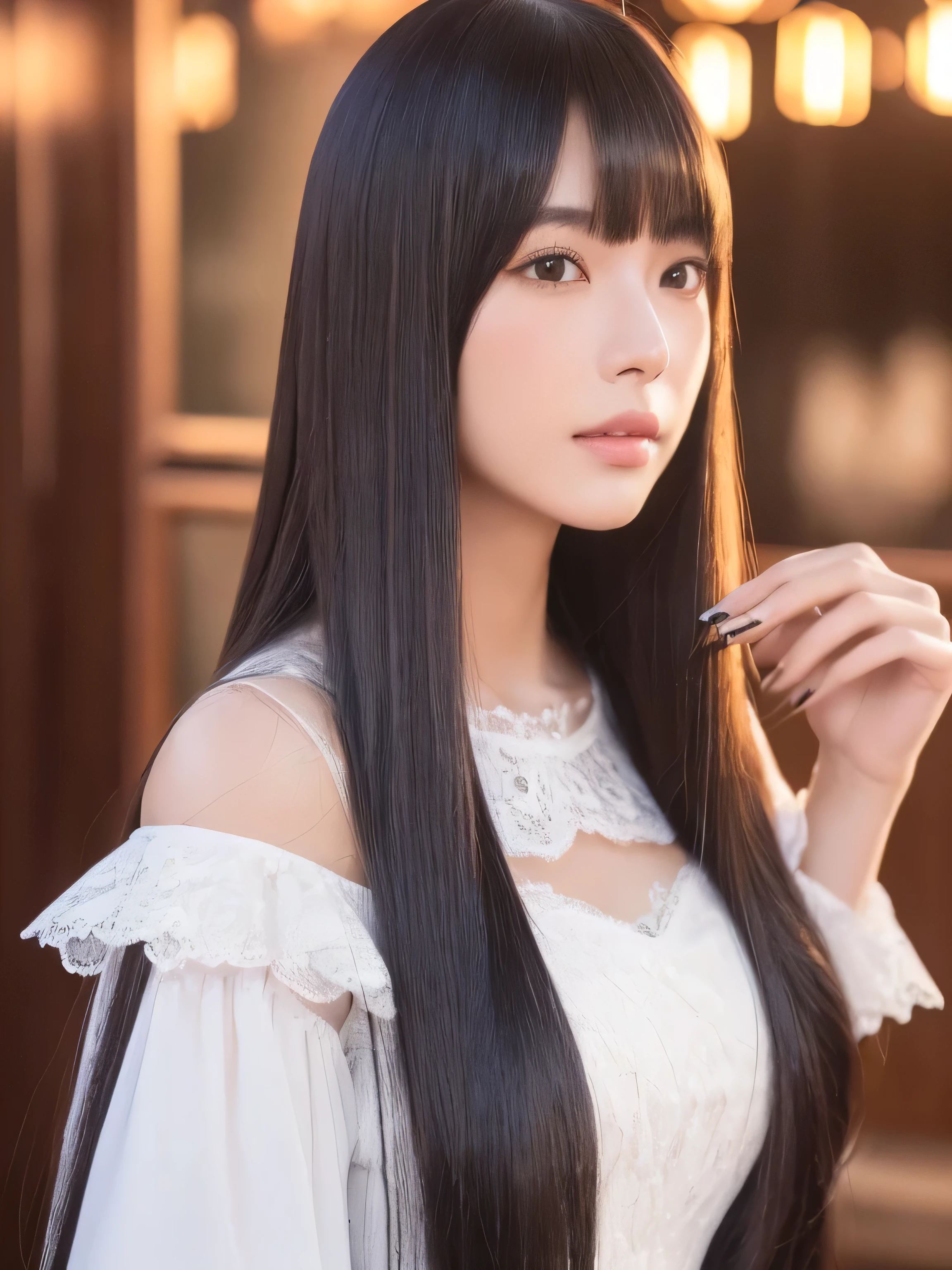 ((Full Shot:1.3))　(big 1.4)　((highest quality)), ((masterpiece)), (Get used to it), Perfect Face　(1 girl)　(Japanese)　(She is 24 years old、The most beautiful fantasy girls in Japan)　((highest quality)), ((masterpiece))　((Her incredibly straight, waist-length, high quality hair is very shiny and glossy and has a lot of volume and shine. Her hair is a deep black.))　(Her bangs are beautiful and full:1.3)　(She has perfect beautiful makeup　Lipstick is light red　Ilaner is a beautiful black)　Anatomically correct hand　Thin fingers　Anatomically correct five fingers　Beautiful Japanese girl face, (Long Hair shiny Long Hair, length, Shiny Thick black hair, length, Her hair is long and straight, Super Long Hair girl, Silky Hair, Silky Hair, length, Flat Hair, Silky texture, Long Hair, length, Flowing, Thick black hair, thin and shiny hair)　Anatomically correct、White beautiful human skin and detail of hands and fingers　Beautiful Eyes　Mouth Details　the corners of the mouth rise slightly　Cool look　　(The eyebrows are dark brown in color)　　(She is wearing a fantasy pure white lace gown dress and healing spellcaster gear..:1.5　She is wearing a gorgeous white Victorian dress:1.I&#39;wear 5..)　(This is a forest in a fantasy world.:1.5)　(She has a healing wand、Posing as if casting a healing spell:2.2)　(Open your mouth:1.3)　(She turns to the viewer and smiles sweetly.)