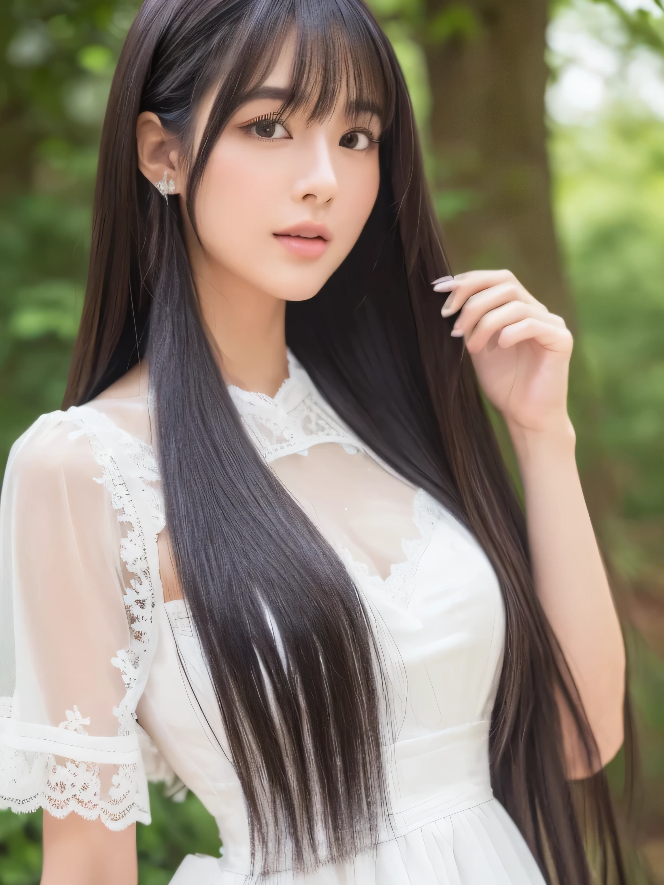 ((Full Shot:1.3))　(big 1.4)　((highest quality)), ((masterpiece)), (Get used to it), Perfect Face　(1 girl)　(Japanese)　(She is 24 years old、The most beautiful fantasy girls in Japan)　((highest quality)), ((masterpiece))　((Her incredibly straight, waist-length, high quality hair is very shiny and glossy and has a lot of volume and shine. Her hair is a deep black.))　(Her bangs are beautiful and lush:1.3)　(She has perfect beautiful makeup　Lipstick is light red　Ilaner is a beautiful black)　Anatomically correct hand　Thin fingers　Anatomically correct five fingers　Beautiful Japanese girl face, (Long Hair shiny Long Hair, length, Shiny Thick black hair, length, Her hair is long and straight, Super Long Hair girl, Silky Hair, Silky Hair, length, Flat Hair, Silky texture, Long Hair, length, Flowing, Thick black hair, thin and shiny hair)　Anatomically correct、White beautiful human skin and detail of hands and fingers　Beautiful Eyes　Mouth Details　the corners of the mouth rise slightly　Cool look　　(The eyebrows are dark brown in color)　　(She is wearing a fantasy pure white lace gown dress and healing spellcaster gear...:1.5　She is wearing a gorgeous white Victorian dress:1.I&#39;wear 5..)　(This is a forest in a fantasy world.:1.5)　(She has a healing wand、Posing as if casting a healing spell:2.2)　(Open your mouth:1.3)　(She turns to the viewer and smiles sweetly..)