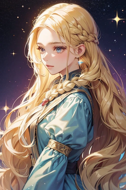 Perla is a who has long blonde hair and two thin braids on each side of her head. SPARKLE; GLITTER