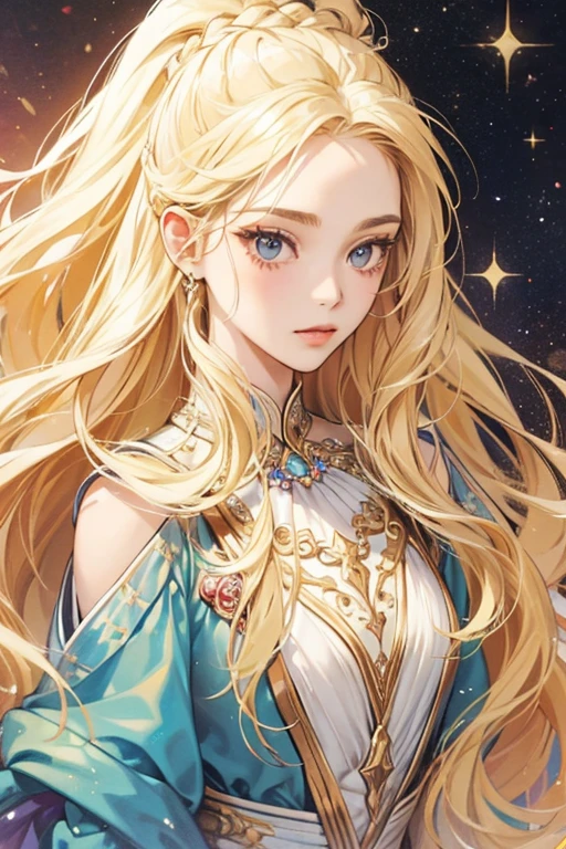Perla is a who has long blonde hair and two thin braids on each side of her head. SPARKLE; GLITTER