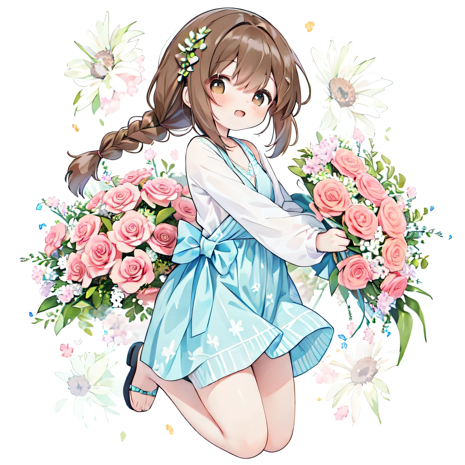 happiness、embarrassed、Pastel Watercolor、1girl:1.8、Photo of brown-eyed woman with cute smile、Full body Esbian:1.3、((Braid:2))、adjusting_clothes(adjusting_bra)、spring wreath background、jump、floating、From the side、white background、Close-up、look around、laughter、((Have a big bouquet:1.2))、incline one's head to the side:1.3
