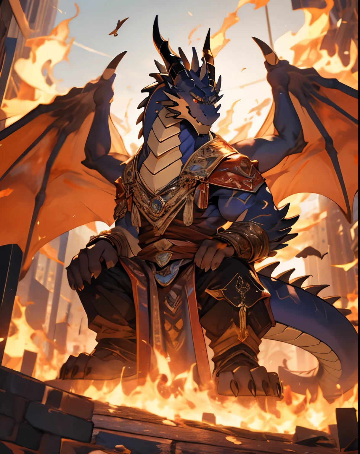 Delga the colossal dragon, clad in his traditional outfit, wreaks havoc upon a metropolis. The destructive beast towers above the buildings, emitting a menacing roar as flames engulf the surrounding structures. Debris flies through the air, creating cloudlike explosions of dust and rubble. Delga's eyes, burning with an insatiable fire, glint in the sun as the city's inhabitants scatter in terror.
The once peaceful streets are now a chaotic scene of destruction. The ground shakes beneath Delga's massive feet, a testament to the sheer power he exerts with every step. The dragon's wings, fashioned with delicate yet
