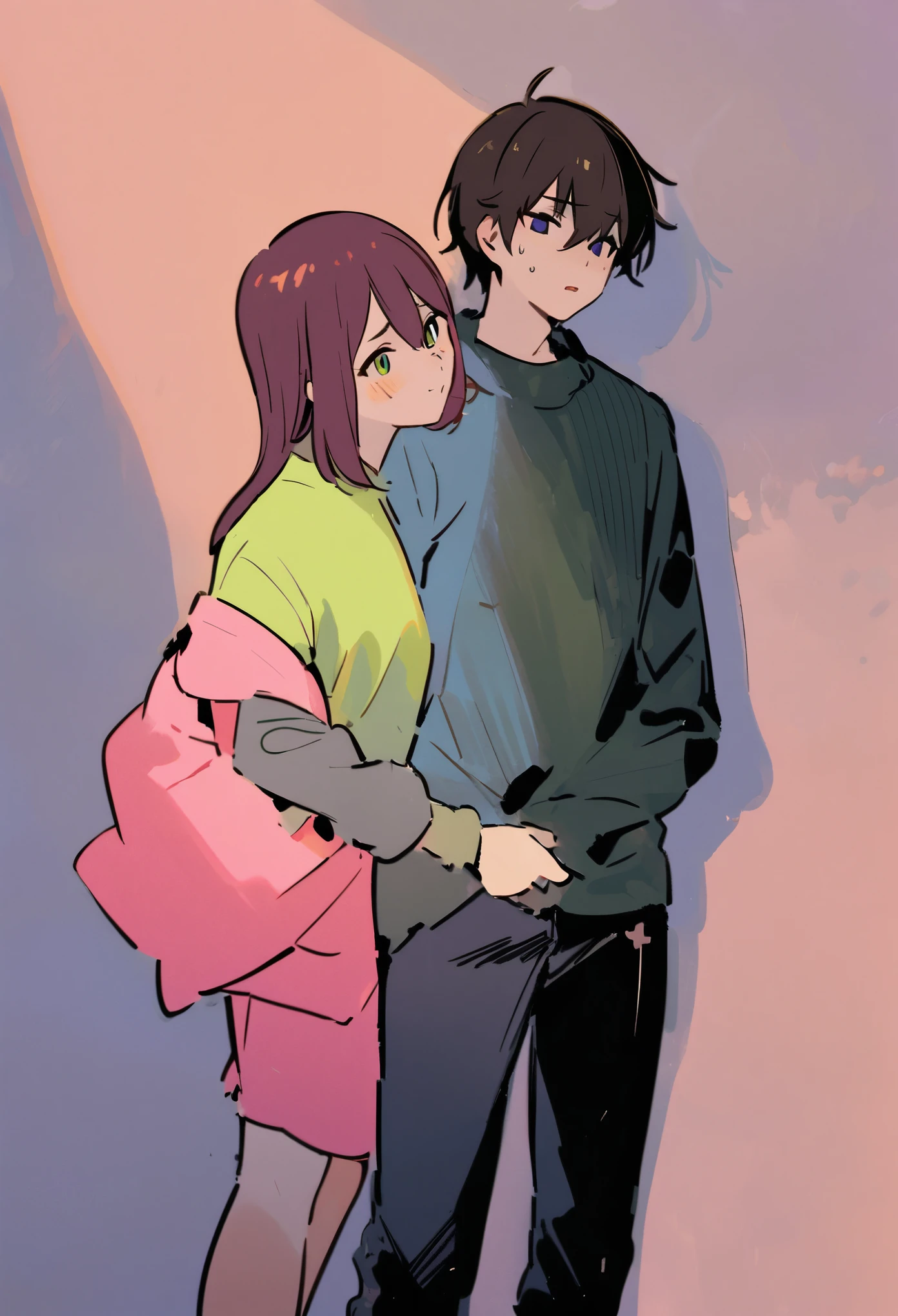 17-year-old girl behind the back of a 20-year-old boy, chica con mirada triste pelo negro, brown hair boy, con fondo oscuro, y colores grises