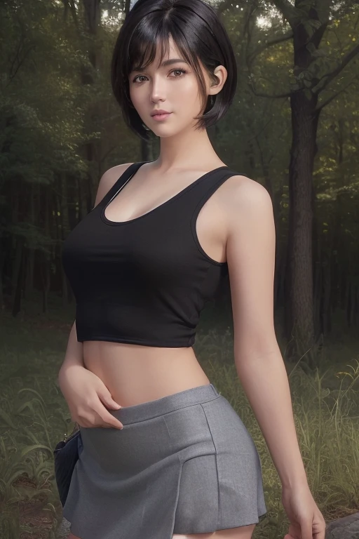 (((((Whole body 1.4))))),(masterpiece:1.3), (8k, Realistic, RAW Photos, highest quality: 1.4), (One girl), Beautiful Face, (Realistic Face), (Black Hair, short hair:1.3), Beautiful hairstyle, Realistic eyes, Beautiful fine details, (Realistic Skin), Beautiful Skin, (Tank top), (Ultra Mini Skirt),Absurd, Charm, Ultra-high resolution, Ultra-realistic, Very detailed, Golden Ratio