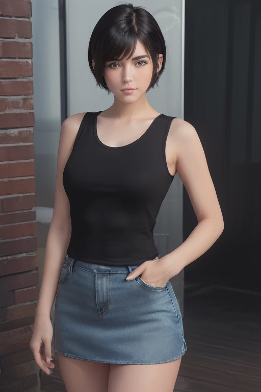 (((((Whole body 1.4))))),(masterpiece:1.3), (8k, Realistic, RAW Photos, highest quality: 1.4), (One girl), Beautiful Face, (Realistic Face), (Black Hair, short hair:1.3), Beautiful hairstyle, Realistic eyes, Beautiful fine details, (Realistic Skin), Beautiful Skin, (Tank top), (Ultra Mini Skirt),Absurd, Charm, Ultra-high resolution, Ultra-realistic, Very detailed, Golden Ratio