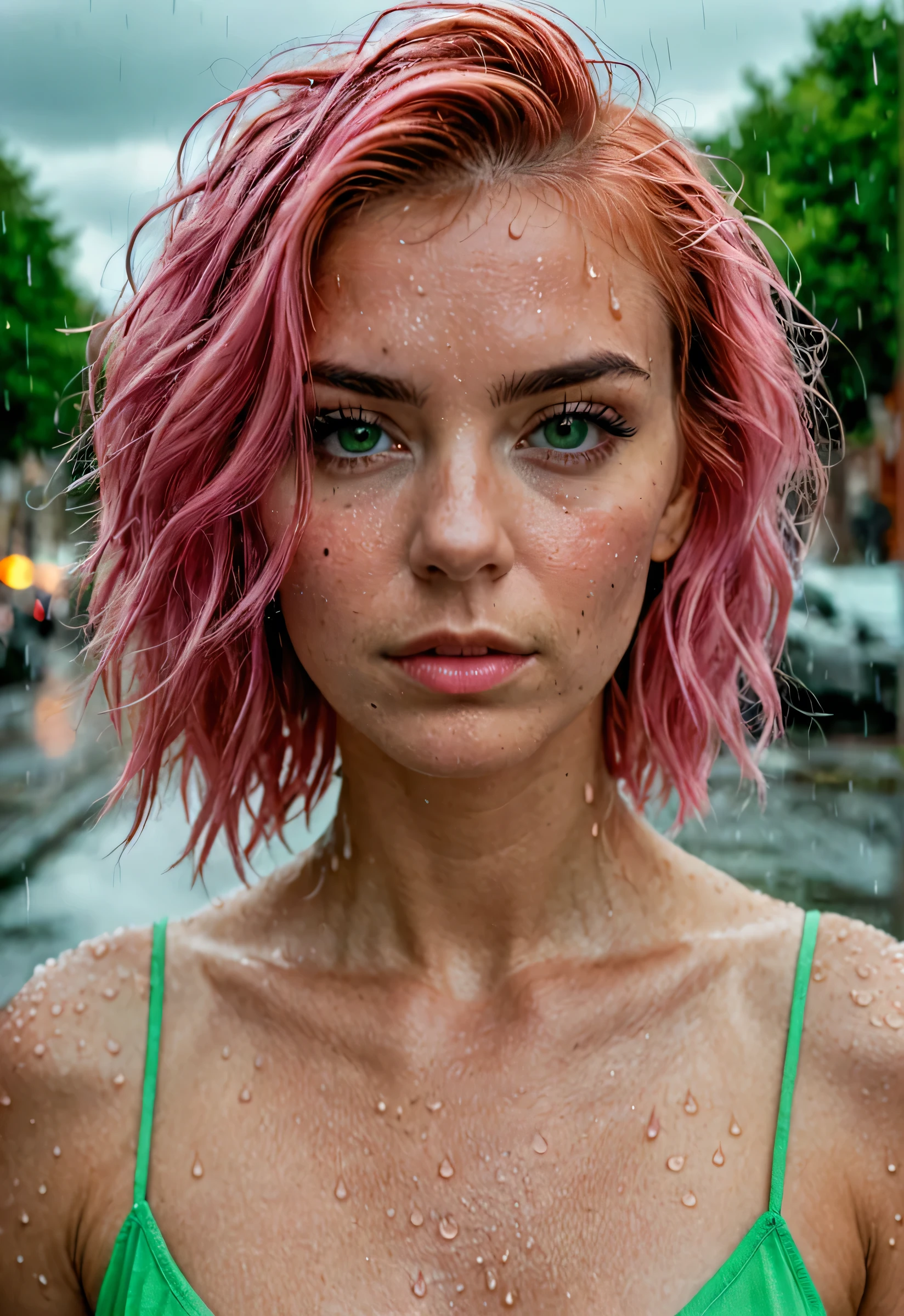 (Best Quality,hight resolution,Masterpiece, Overhead view:1.20),Ultra-detailed,The woman,Wide flares on jeans,sickly,drowning in a swamp,standingn:1.2, overcomes shame:1.3,gloomy ecstasy,dark gloomy atmosphere,gritty texture,melancholic expression on his face,mysterious aura,foggy background,Subtle color palette,provocative pose,Strong emotions,Coming Out of the Depths of Despair,Piercing gaze,intense shadows,Plunged in Darkness,Rugged terrain,ominous vibe,A supernatural sensation,asymmetrical bangs, freckles, pink short hair, Bangs, freckles, gray eyes,