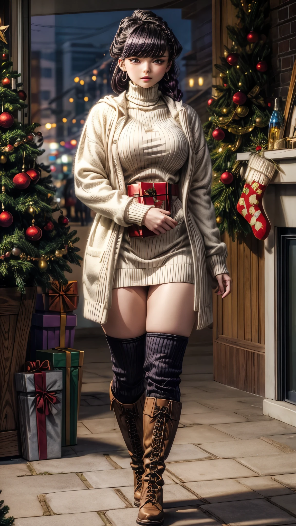 shokokomidef, purple hair, purple eyes, long hair, large breasts, thick thighs, curvy hips 
looking at viewer, white coat, braid, outdoors, christmas, box, turtleneck sweater, gift, boots, dress, christmas ornaments, black sweater, open clothes, holding, christmas tree, gift box, arms behind back, bangs, jacket, sweater, holding gift,
masterpiece, best quality,