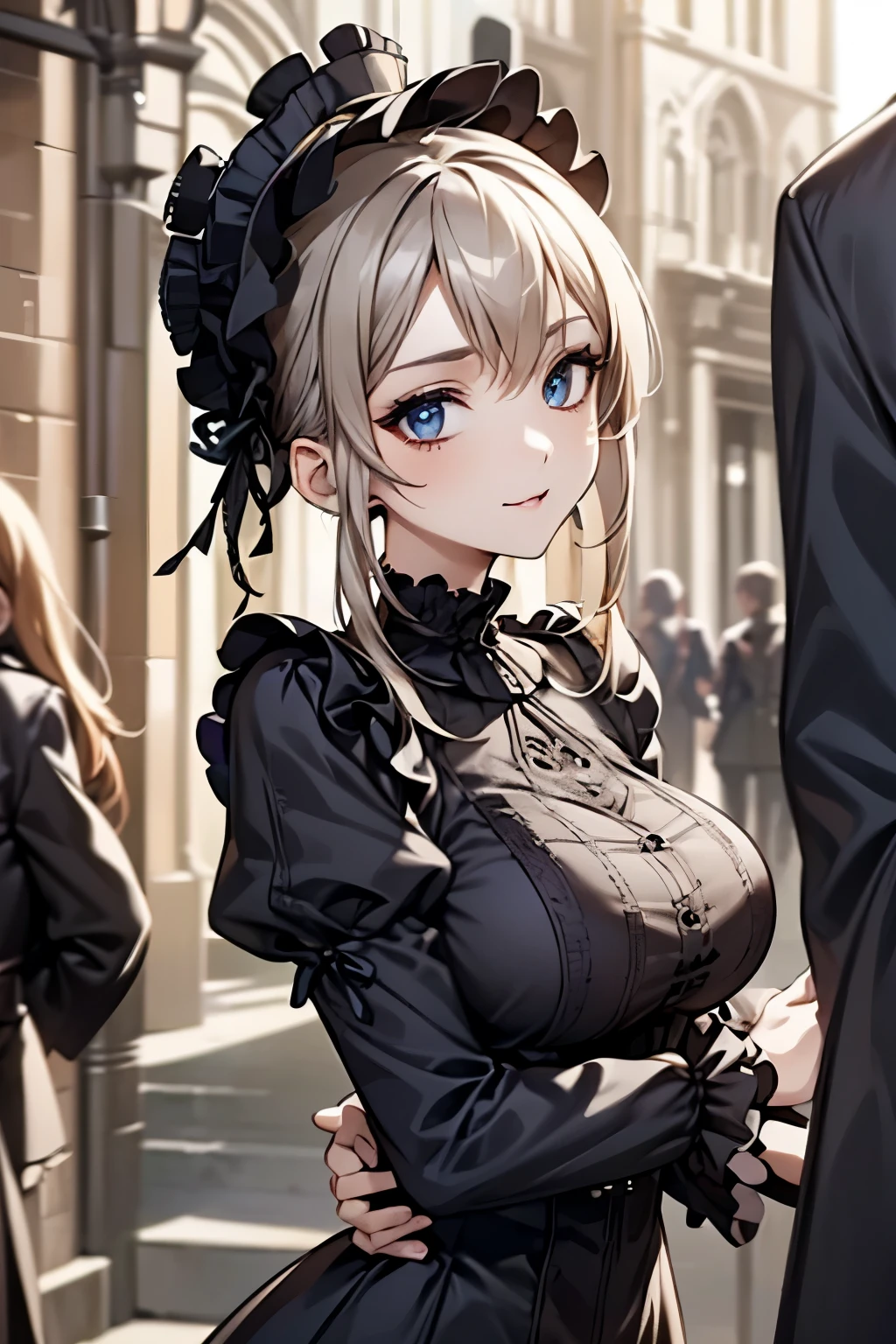 ((Biologically correct number of limbs))、(( Illustrations including faces))、4K、Masterpiece、((focus on the face))、((Symmetrical facial features))、Eyes with detailed description、Beautiful woman、Outstanding style、Slender Body、((Gothic ta、Gothic Lolidress、High heels)、bustling street、((Upper body close-up))