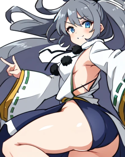 mononobe no futo, One Girl, Long sleeve, Sleeves edged with ribbon, Gray Hair, blue eyes, Proud face,
Underbust,  Medium Chest, Spread your legs,Butt,Thighs,Plump，milk,Underarm,Underbust，vapor，High Leg，Low Angle，Nipples covered，No underwear,vagina,Female organ,Look back