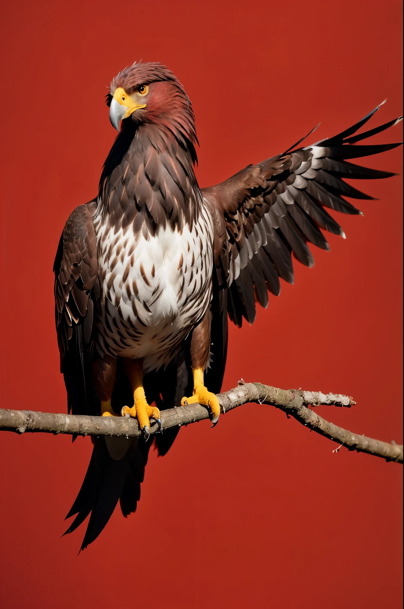 A red-feathered eagle,Front view,Solid color background。
