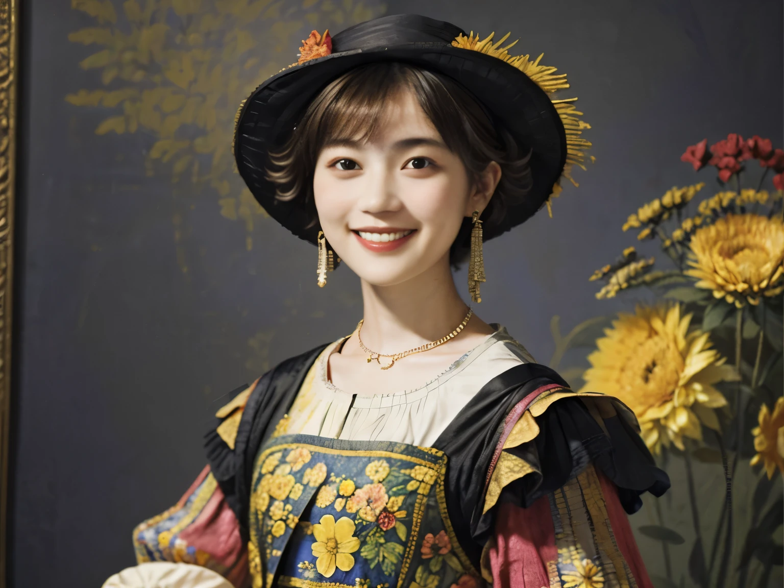 218 Short Hair, 20-year-old woman, A kind smile, Floral, (Colorful Dresses, Luxury palace), (Rembrandt painting)