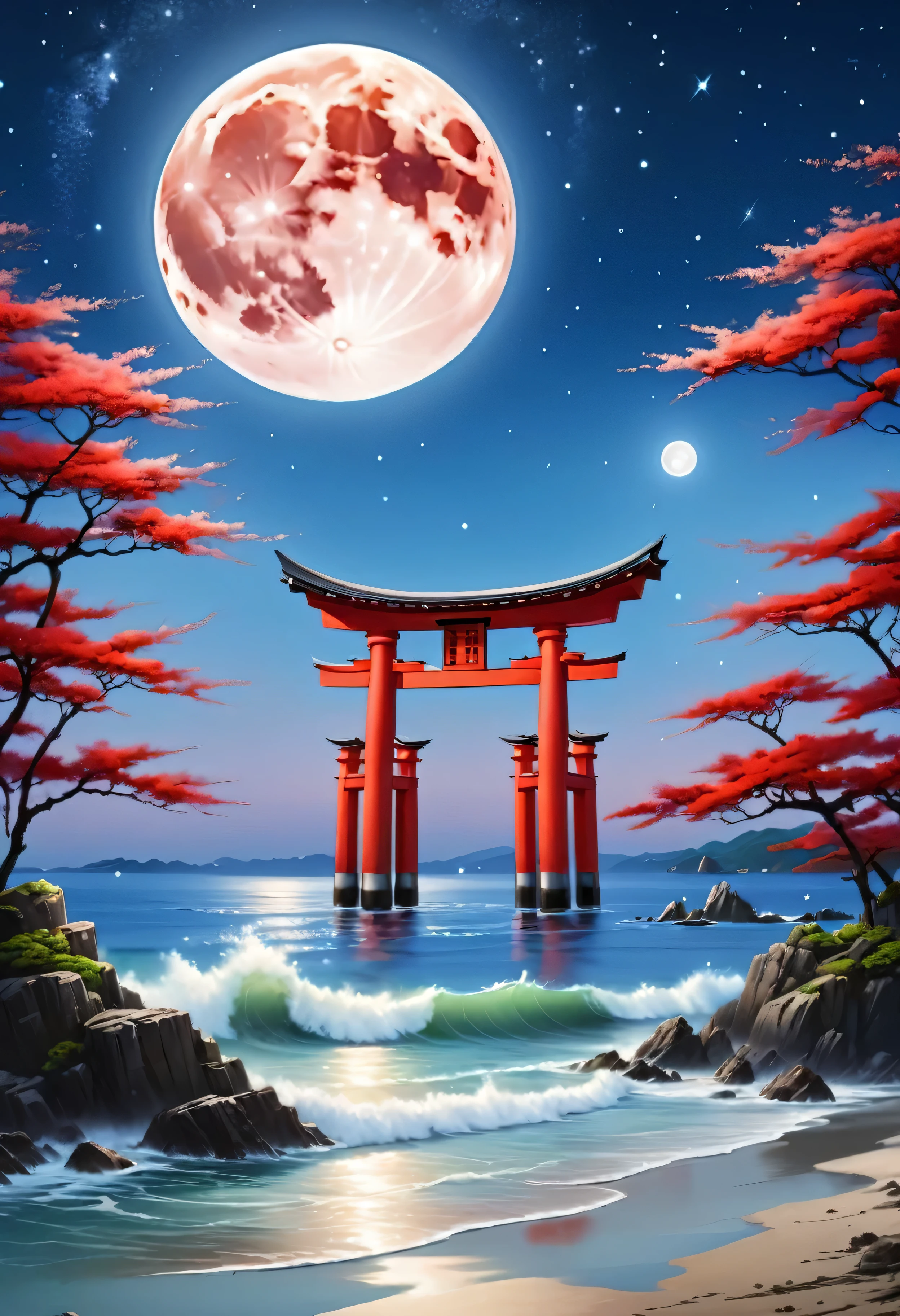 Starry Sky shooting star Ocean Focus on the big full moon Landscape painting 1Large red torii gates