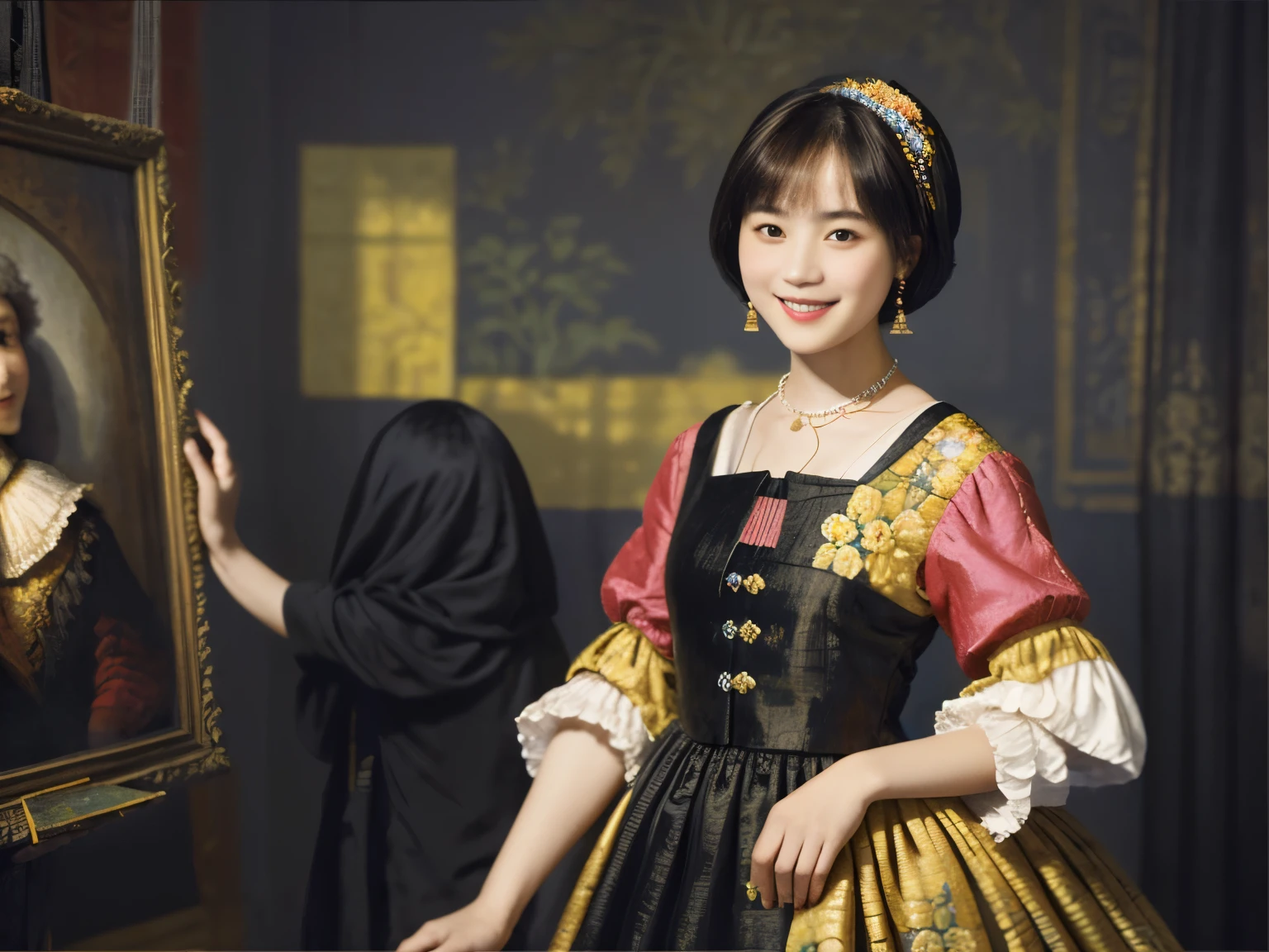 218 Short Hair, 20-year-old woman, A kind smile, Floral, (Colorful Dresses, Luxury palace), (Rembrandt painting)