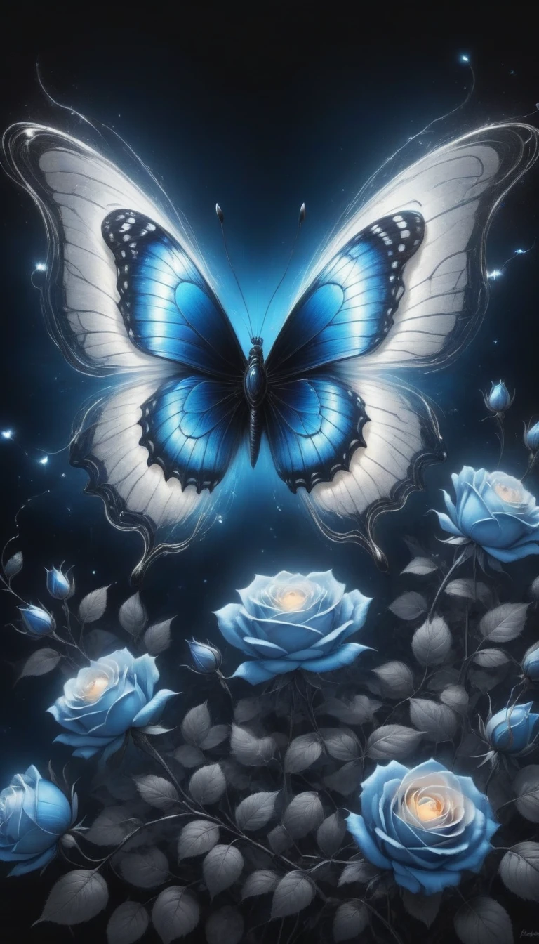 (best quality,4K,high resolution:1.2),Super detailed,Practical,black and white,traditional media,Pencil Sketch:1.2,Chaotic lines,[[[Artist Moussa]]],On a dark background,Blue electric charges forming butterfly，Stylized silhouettes of orbs and roses,Bioluminescence