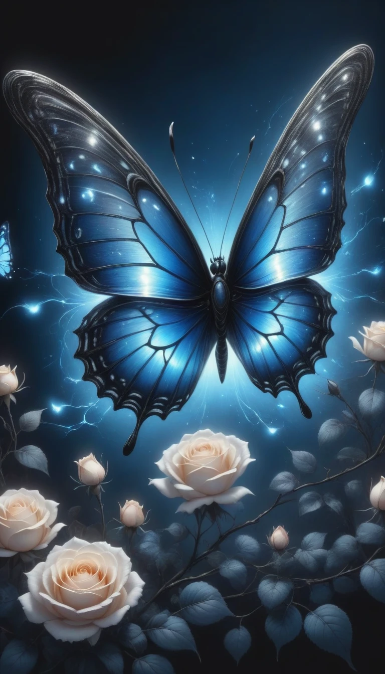 (best quality,4K,high resolution:1.2),Super detailed,Practical,black and white,traditional media,Pencil Sketch:1.2,Chaotic lines,[[[Artist Moussa]]],On a dark background,Blue electric charges forming butterfly，Stylized silhouettes of orbs and roses,Bioluminescence