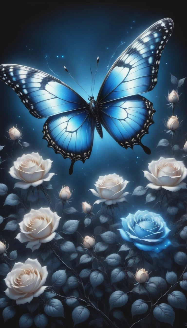 (best quality,4K,high resolution:1.2),Super detailed,Practical,black and white,traditional media,Pencil Sketch:1.2,Chaotic lines,[[[Artist Moussa]]],On a dark background,Blue electric charges forming butterfly，Stylized silhouettes of orbs and roses,Bioluminescence