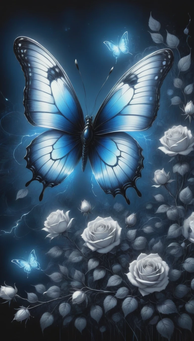 (best quality,4K,high resolution:1.2),Super detailed,Practical,black and white,traditional media,Pencil Sketch:1.2,Chaotic lines,[[[Artist Moussa]]],On a dark background,Blue electric charges forming butterfly，Stylized silhouettes of orbs and roses,Bioluminescence