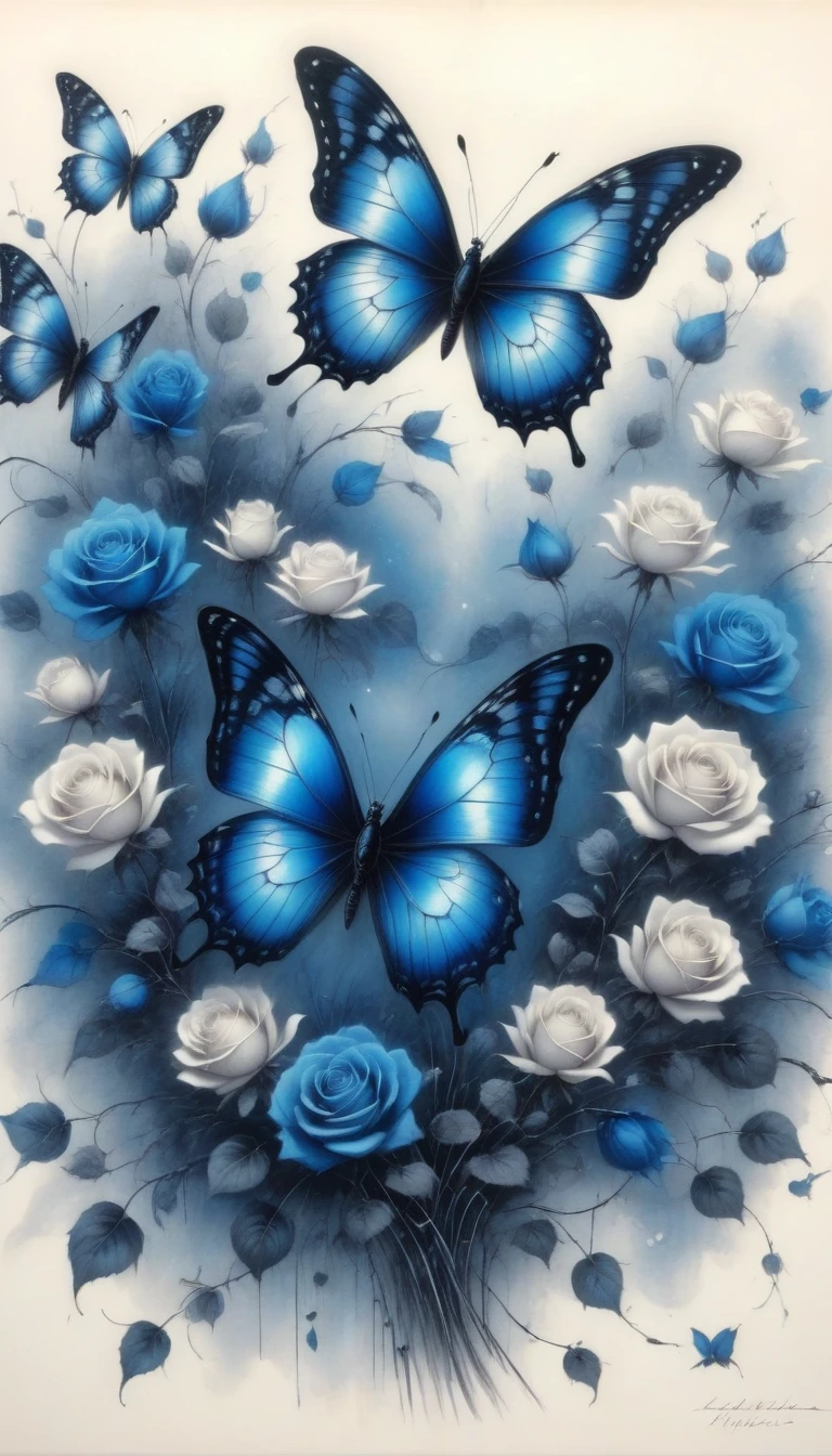 (best quality,4K,high resolution:1.2),Super detailed,Practical,black and white,traditional media,Pencil Sketch:1.2,Chaotic lines,[[[Artist Moussa]]],On a dark background,Blue electric charges forming butterfly，Stylized silhouettes of orbs and roses,Bioluminescence