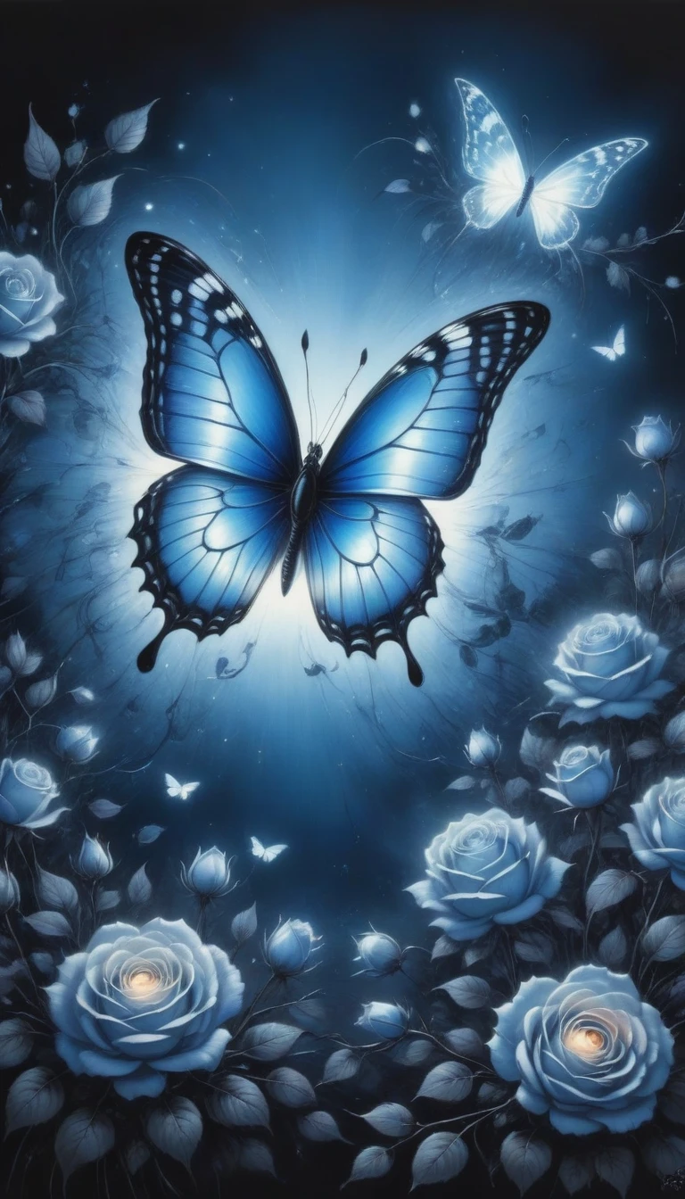 (best quality,4K,high resolution:1.2),Super detailed,Practical,black and white,traditional media,Pencil Sketch:1.2,Chaotic lines,[[[Artist Moussa]]],On a dark background,Blue electric charges forming butterfly，Stylized silhouettes of orbs and roses,Bioluminescence