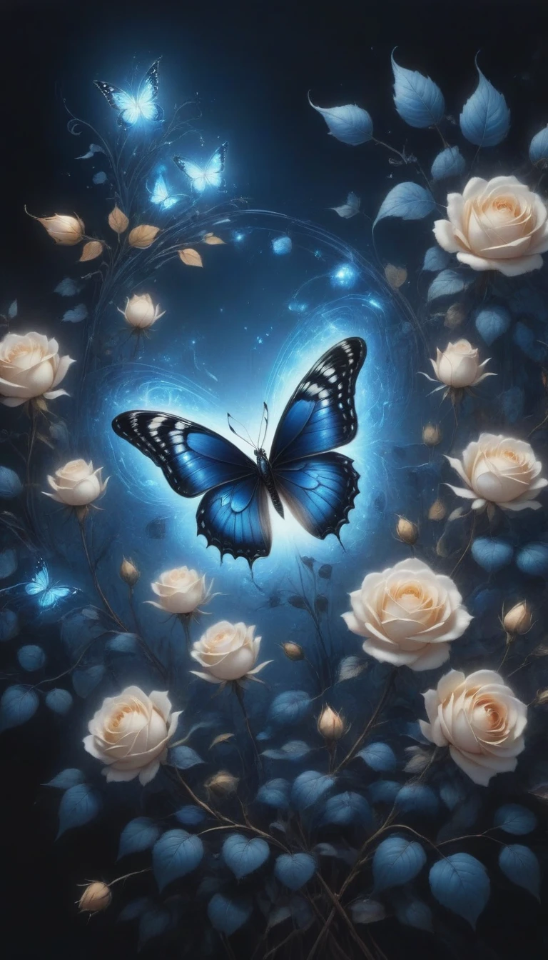 (best quality,4K,high resolution:1.2),Super detailed,Practical,black and white,traditional media,Pencil Sketch:1.2,Chaotic lines,[[[Artist Moussa]]],On a dark background,Blue electric charges forming butterfly，Stylized silhouettes of orbs and roses,Bioluminescence