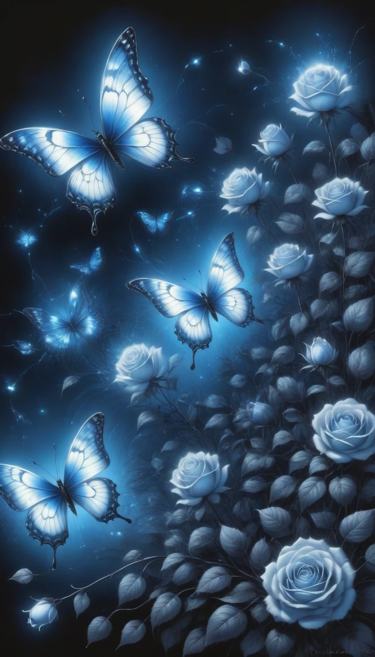 (best quality,4K,high resolution:1.2),Super detailed,Practical,black and white,traditional media,Pencil Sketch:1.2,Chaotic lines,[[[Artist Moussa]]],On a dark background,Blue electric charges forming butterfly，Stylized silhouettes of orbs and roses,Bioluminescence