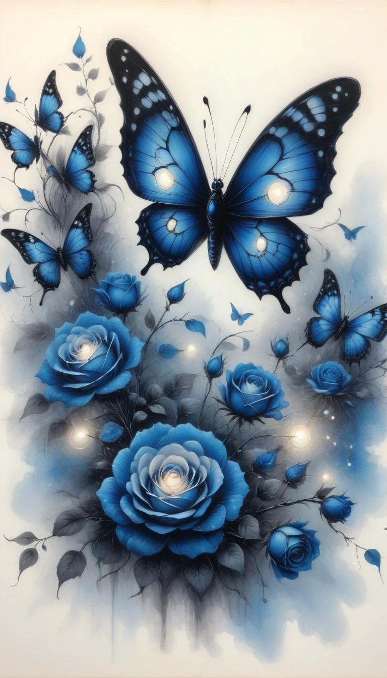 (best quality,4K,high resolution:1.2),Super detailed,Practical,black and white,traditional media,Pencil Sketch:1.2,Chaotic lines,[[[Artist Moussa]]],On a dark background,Blue electric charges forming butterfly，Stylized silhouettes of orbs and roses,Bioluminescence