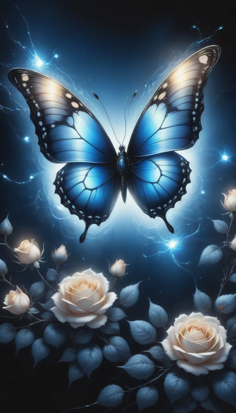 (best quality,4K,high resolution:1.2),Super detailed,Practical,black and white,traditional media,Pencil Sketch:1.2,Chaotic lines,[[[Artist Moussa]]],On a dark background,Blue electric charges forming butterfly，Stylized silhouettes of orbs and roses,Bioluminescence
