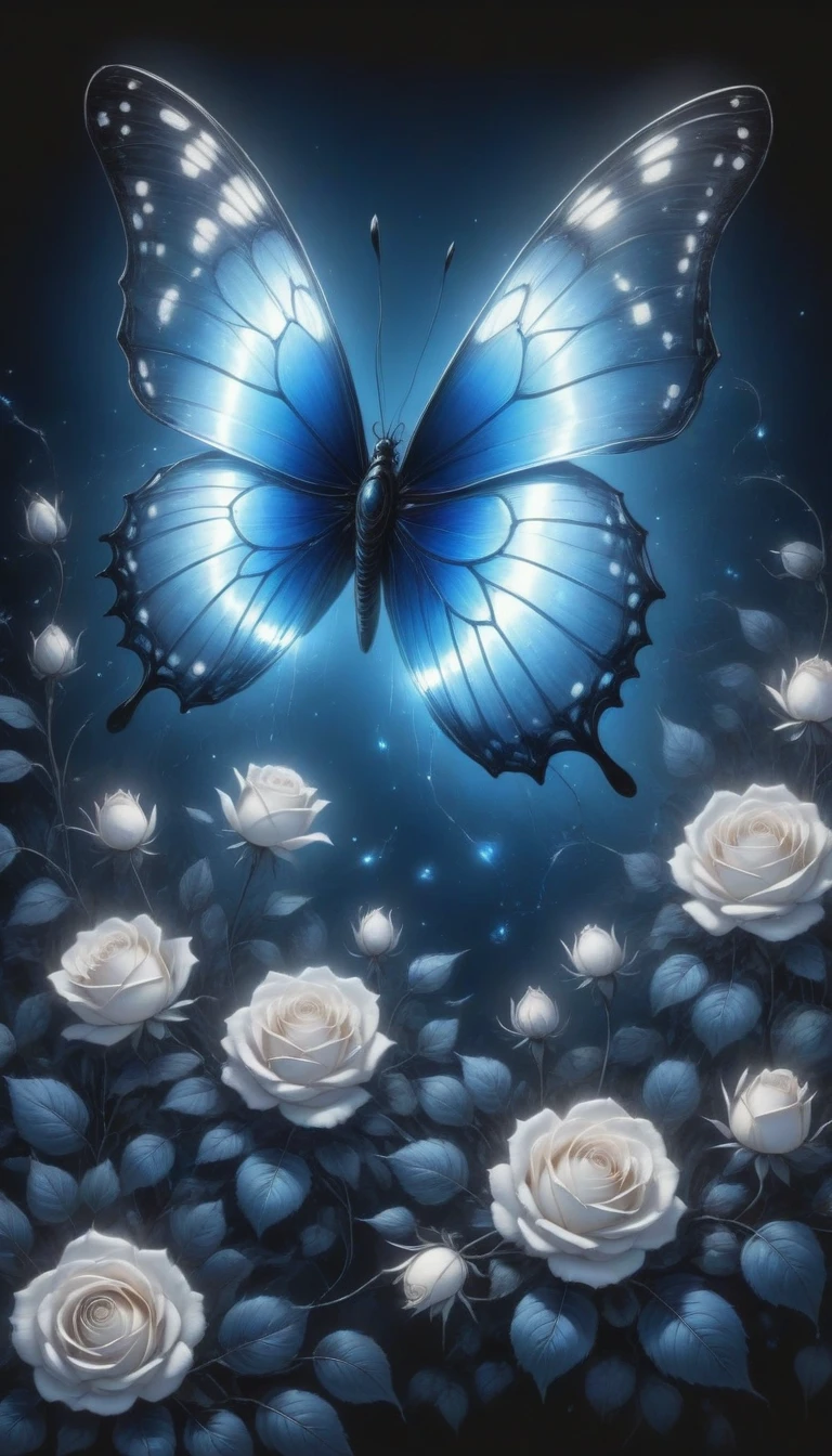 (best quality,4K,high resolution:1.2),Super detailed,Practical,black and white,traditional media,Pencil Sketch:1.2,Chaotic lines,[[[Artist Moussa]]],On a dark background,Blue electric charges forming butterfly，Stylized silhouettes of orbs and roses,Bioluminescence