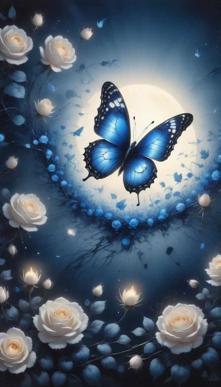(best quality,4K,high resolution:1.2),Super detailed,Practical,black and white,traditional media,Pencil Sketch:1.2,Chaotic lines,[[[Artist Moussa]]],On a dark background,Blue electric charges forming butterfly，Stylized silhouettes of orbs and roses,Bioluminescence