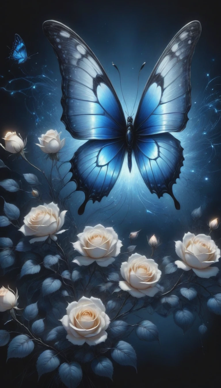 (best quality,4K,high resolution:1.2),Super detailed,Practical,black and white,traditional media,Pencil Sketch:1.2,Chaotic lines,[[[Artist Moussa]]],On a dark background,Blue electric charges forming butterfly，Stylized silhouettes of orbs and roses,Bioluminescence
