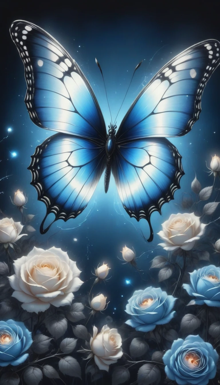(best quality,4K,high resolution:1.2),Super detailed,Practical,black and white,traditional media,Pencil Sketch:1.2,Chaotic lines,[[[Artist Moussa]]],On a dark background,Blue electric charges forming butterfly，Stylized silhouettes of orbs and roses,Bioluminescence