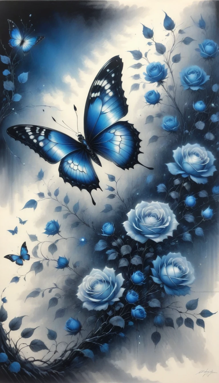 (best quality,4K,high resolution:1.2),Super detailed,Practical,black and white,traditional media,Pencil Sketch:1.2,Chaotic lines,[[[Artist Moussa]]],On a dark background,Blue electric charges forming butterfly，Stylized silhouettes of orbs and roses,Bioluminescence