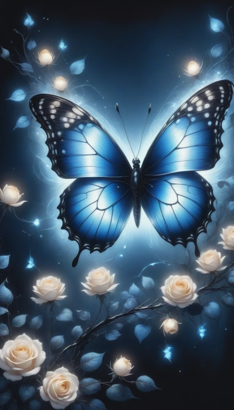 (best quality,4K,high resolution:1.2),Super detailed,Practical,black and white,traditional media,Pencil Sketch:1.2,Chaotic lines,[[[Artist Moussa]]],On a dark background,Blue electric charges forming butterfly，Stylized silhouettes of orbs and roses,Bioluminescence