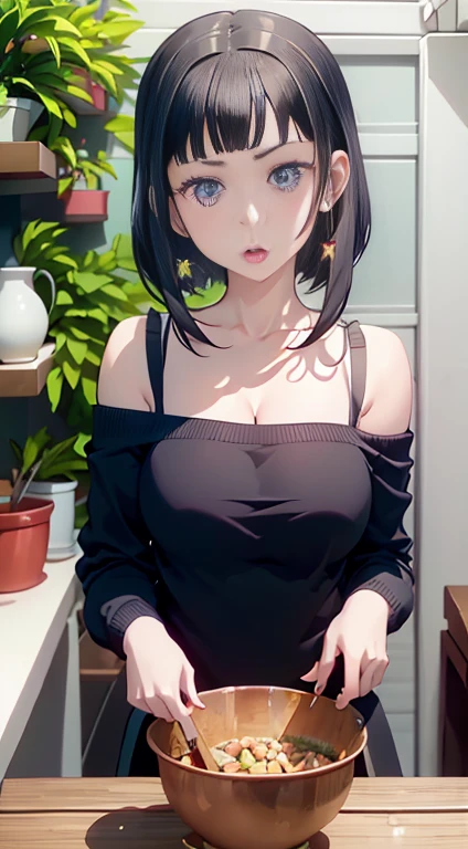 masterpiece, yor, 1girl, Amazing Cleavage:1.3, thin waist, big ass, Raised sexy, medium breast: 1.0 posed cleavage:1.2、solo, looking at viewer, open mouth, have a cute grass of cute beergrass,black hair, red eyes, dress, bare shoulders, jewelry, collarbone, sidelocks, hairband, earrings, indoors, off shoulder, :o, sweater, arms behind back, plant, short hair with long locks, white hairband, off-shoulder dress, sweater dress, off-shoulder sweater, red sweater, big side hair, very long side hair,is rendered in (masterpiece: 1.2, best quality), with (ultra high resolution) and an exquisite (depth of field). This masterpiece is not only visually stunning but also tells,A scene of happy cooking in the kitchen